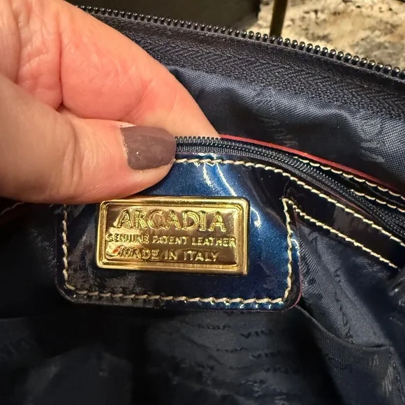 ARCADIA Italy Navy Oceano Patent Leather Dome Satchel Bag - Picture 7 of 9
